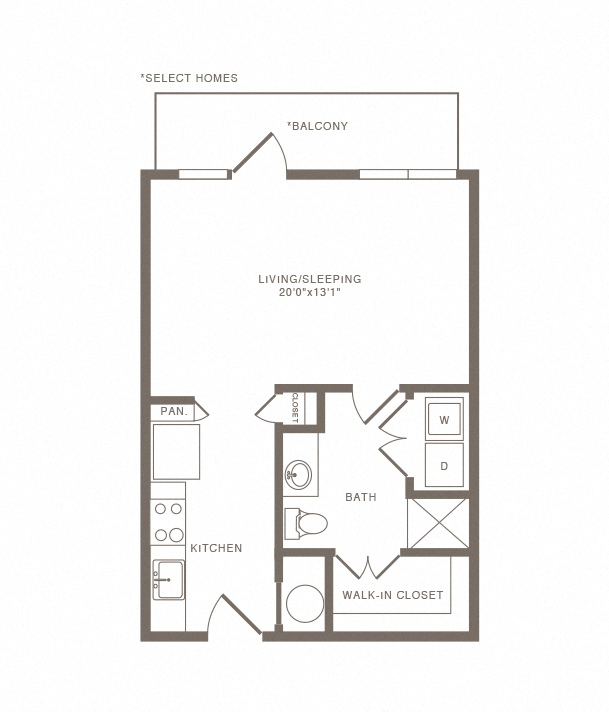 Floor plan for studio, 1 bath, 590 sqft